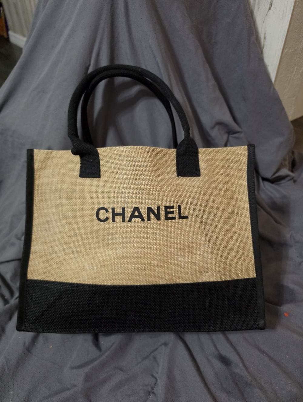 CHANEL Natural Jute Tote with Black Trim